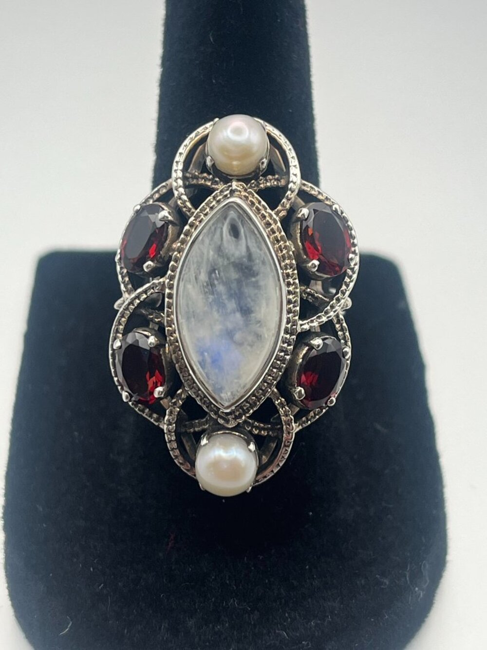Nicky Butler ~ Moonstone, pearl & garnet statement ring in sterling silver